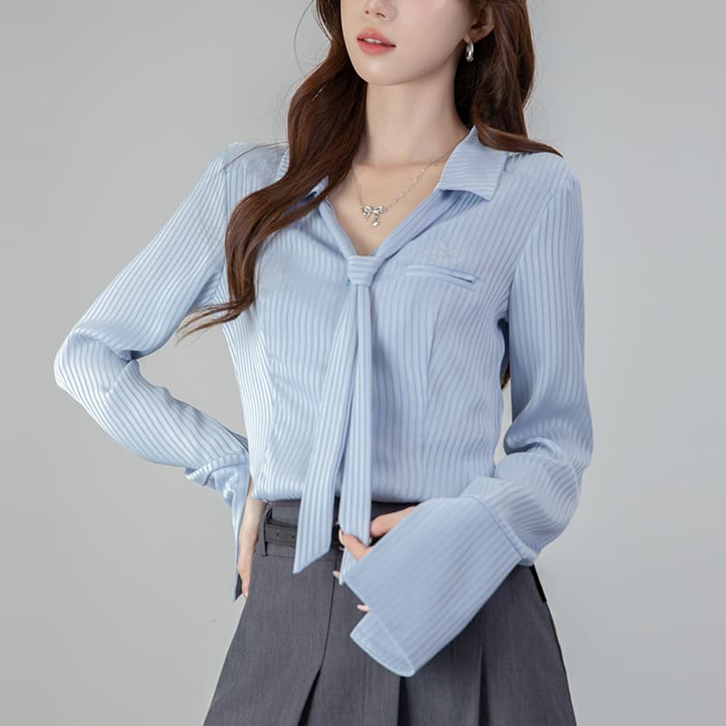 2026 실사 POLO 칼라 핫걸 가을 새로운 긴팔 셔츠 허리 수축 슬림해 보이는 단색 맨위 이미지 3
