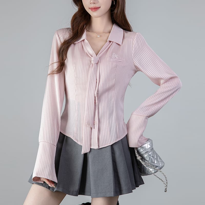 2026 실사 POLO 칼라 핫걸 가을 새로운 긴팔 셔츠 허리 수축 슬림해 보이는 단색 맨위 이미지 4