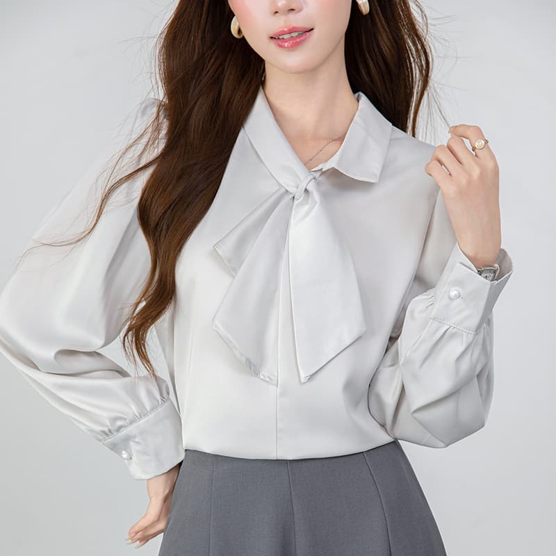 2026 은회색 나비 넥타이 레이스업 비대칭 디자인 긴팔 여성 셔츠 가을 새로운 품격 출퇴근 맨위 이미지 3