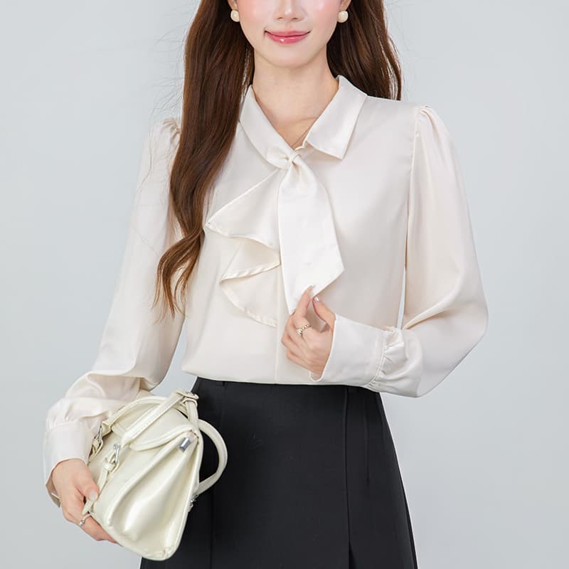 2026 은회색 나비 넥타이 레이스업 비대칭 디자인 긴팔 여성 셔츠 가을 새로운 품격 출퇴근 맨위 이미지 4