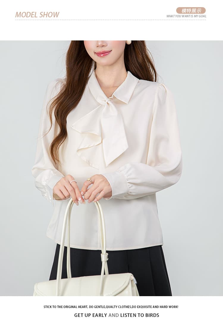 2026 은회색 나비 넥타이 레이스업 비대칭 디자인 긴팔 여성 셔츠 가을 새로운 품격 출퇴근 맨위 상세 이미지 9