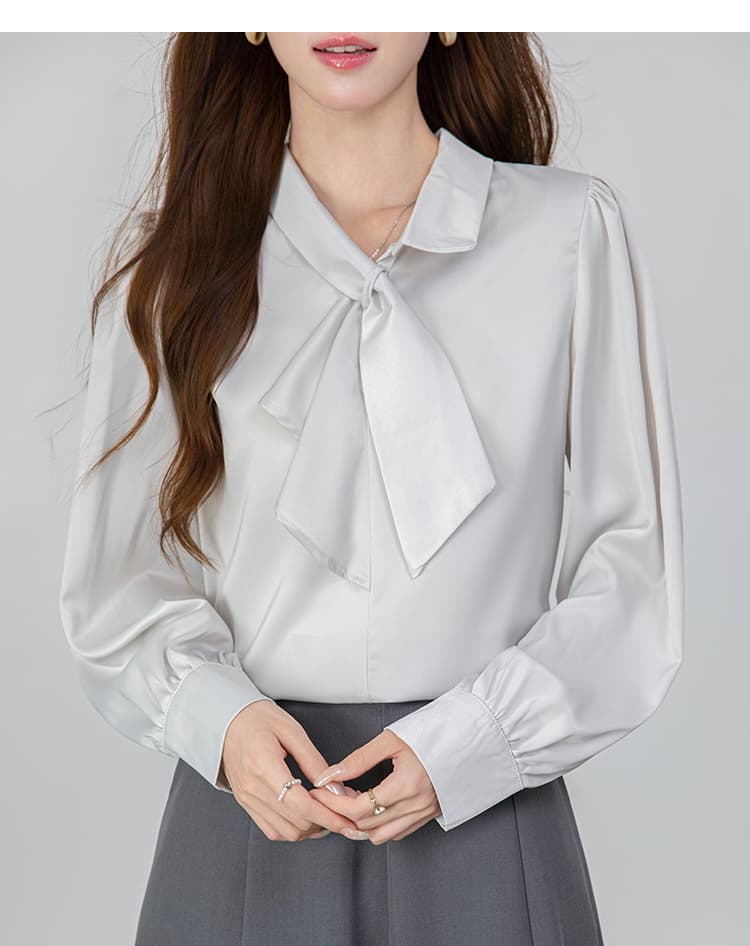 2026 은회색 나비 넥타이 레이스업 비대칭 디자인 긴팔 여성 셔츠 가을 새로운 품격 출퇴근 맨위 상세 이미지 21
