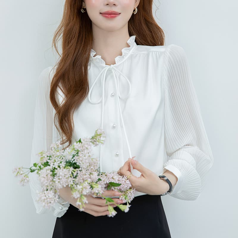 2026 실사 목이버섯 레이스 스탠드 칼라 레이스업 화이트 셔츠 광택 새틴 장기 플리츠 소매 품격 맨위 이미지 4