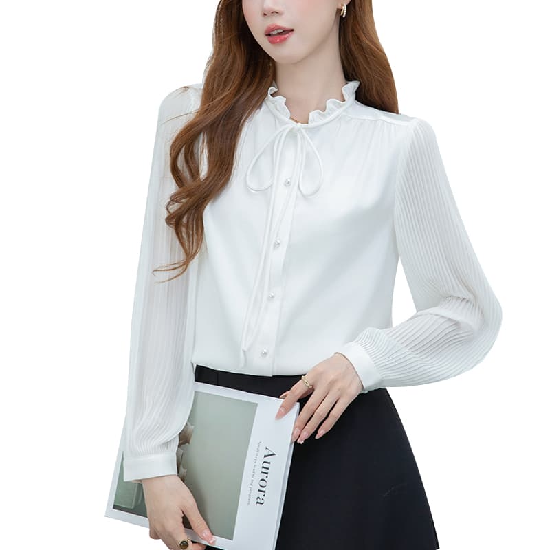 2026 실사 목이버섯 레이스 스탠드 칼라 레이스업 화이트 셔츠 광택 새틴 장기 플리츠 소매 품격 맨위 이미지 6
