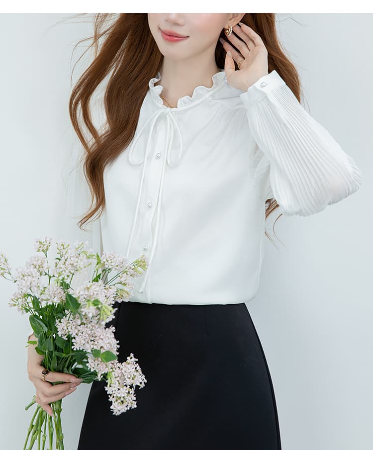 2026 실사 목이버섯 레이스 스탠드 칼라 레이스업 화이트 셔츠 광택 새틴 장기 플리츠 소매 품격 맨위 상세 이미지 12
