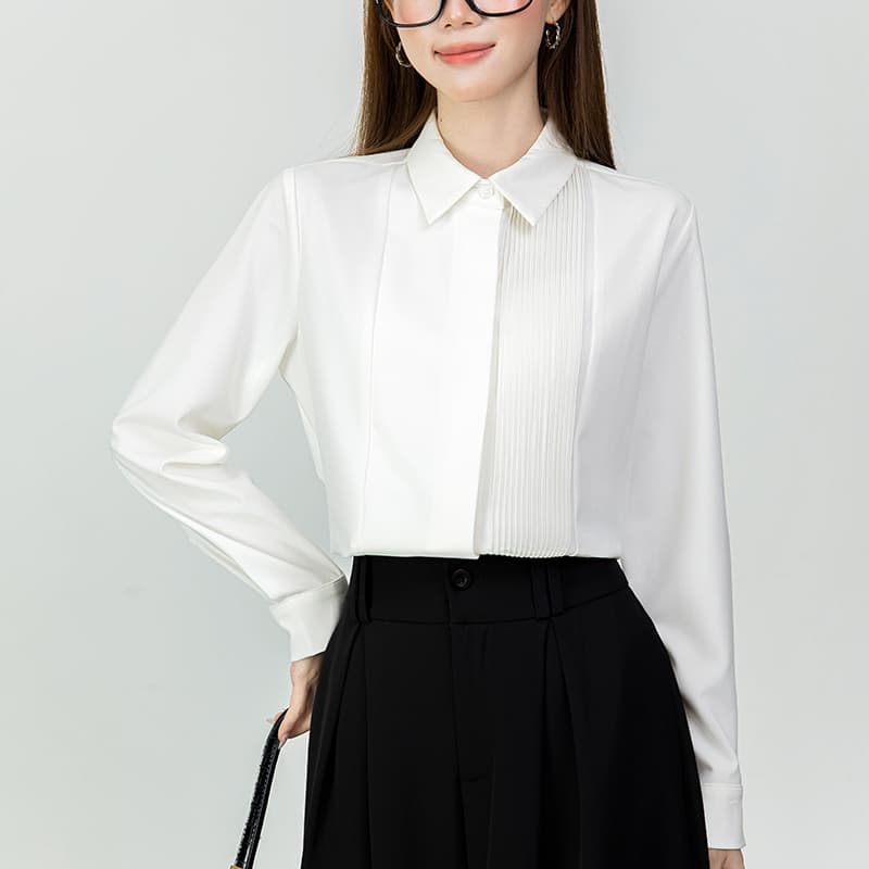 2026 실사 새로운 가을 프랑스식 어두운 문 襟 장기 Pleat 맨위 POLO 칼라 도루 센스 고급 화이트 여성 셔츠 이미지 4