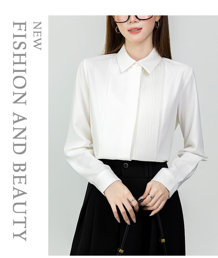 2026 실사 새로운 가을 프랑스식 어두운 문 襟 장기 Pleat 맨위 POLO 칼라 도루 센스 고급 화이트 여성 셔츠 상세 이미지 11