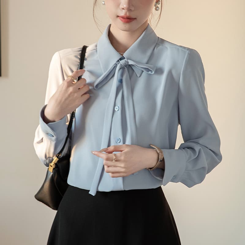 2026 실사 새로운 파란색 여성 셔츠 가을 교 자본금 나비 매듭 셔츠 경력 면접 긍정적 인 로드 중 인사이드 잡아라. 의류 이미지 2