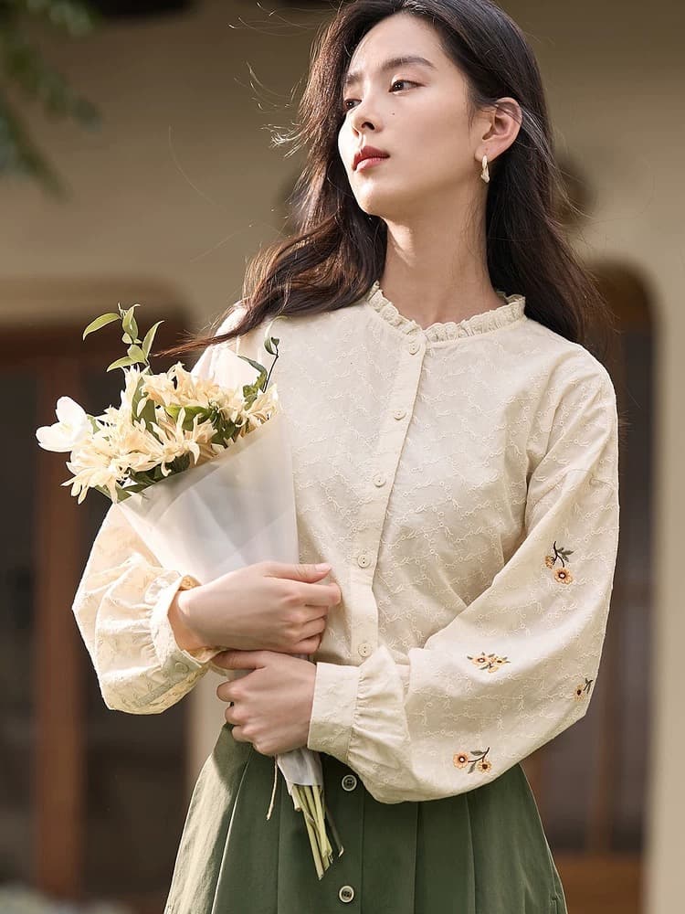 경관 그림 프랑스식 스탠드 칼라 프릴 긴팔 자수 여성 셔츠 봄 가을 새로운 경력 레이스 순면 셔츠 상세 이미지 1