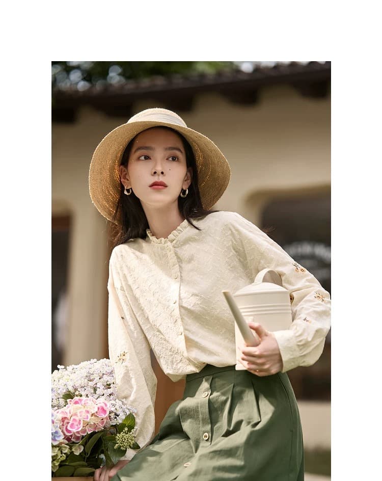 경관 그림 프랑스식 스탠드 칼라 프릴 긴팔 자수 여성 셔츠 봄 가을 새로운 경력 레이스 순면 셔츠 상세 이미지 8