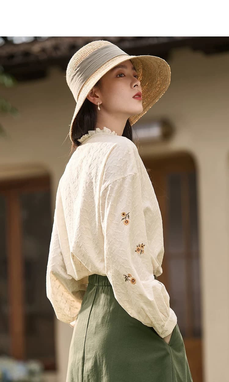 경관 그림 프랑스식 스탠드 칼라 프릴 긴팔 자수 여성 셔츠 봄 가을 새로운 경력 레이스 순면 셔츠 상세 이미지 11