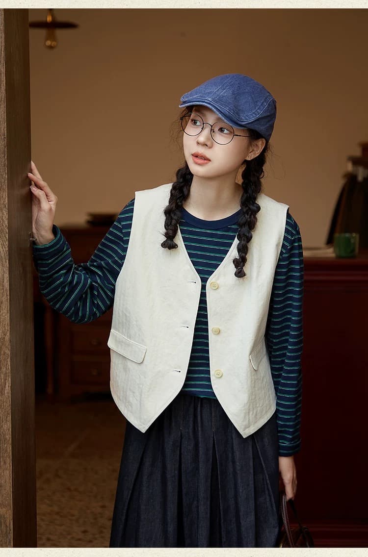 공식 그림 오리지널 순면 V넥 조끼 여자 봄 작은 키 쇼트 스타일 품격 스택 착용 베스트 조끼 맨위 상세 이미지 17