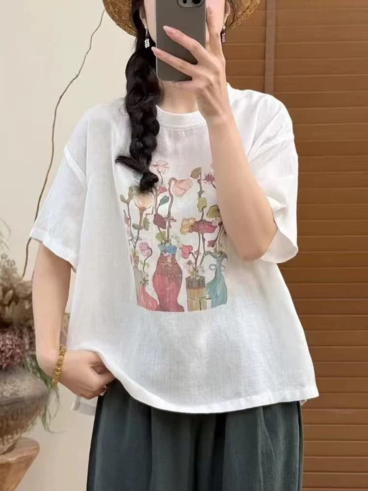 공식 그림 여름 새로운 패션 라운드 넥 면 린넨 프린트 반팔 티셔츠 여성 루즈핏 캐주얼 백 탑 슬림해 보이는 맨위 이미지 4