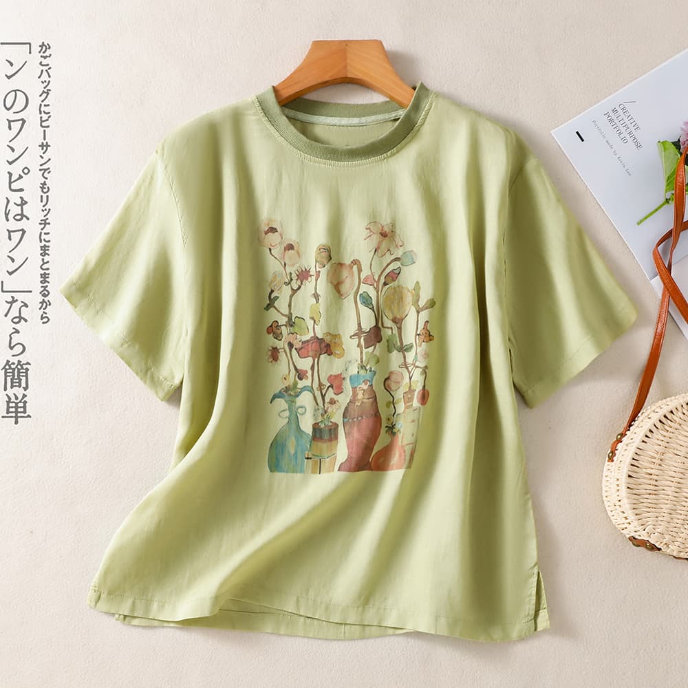 실사 그림 여름 새로운 패션 라운드 넥 면 린넨 프린트 반팔 티셔츠 여성 루즈핏 캐주얼 백 탑 슬림해 보이는 맨위 이미지 4