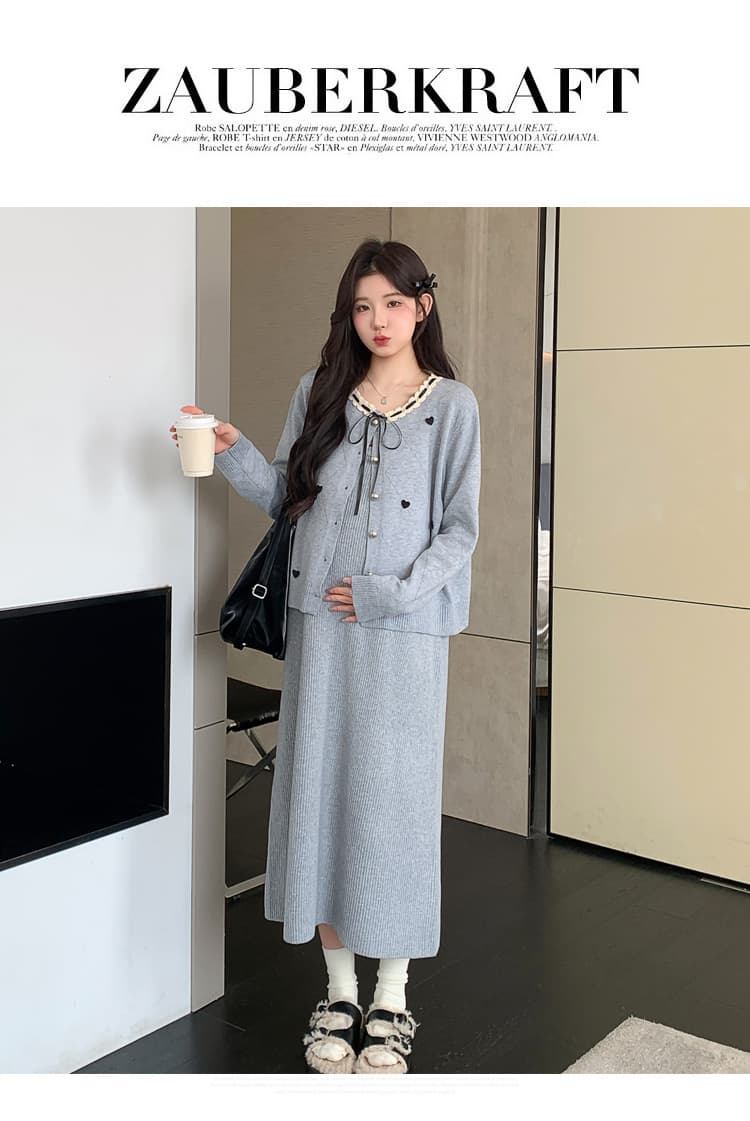 실사 지금 지금 출산 착용 가을 의상 패션 세트 루즈핏 빅 사이즈 달콤함 연령 감소 오픈 가디건 슬립 드레스 투피스 세트 상세 이미지 21