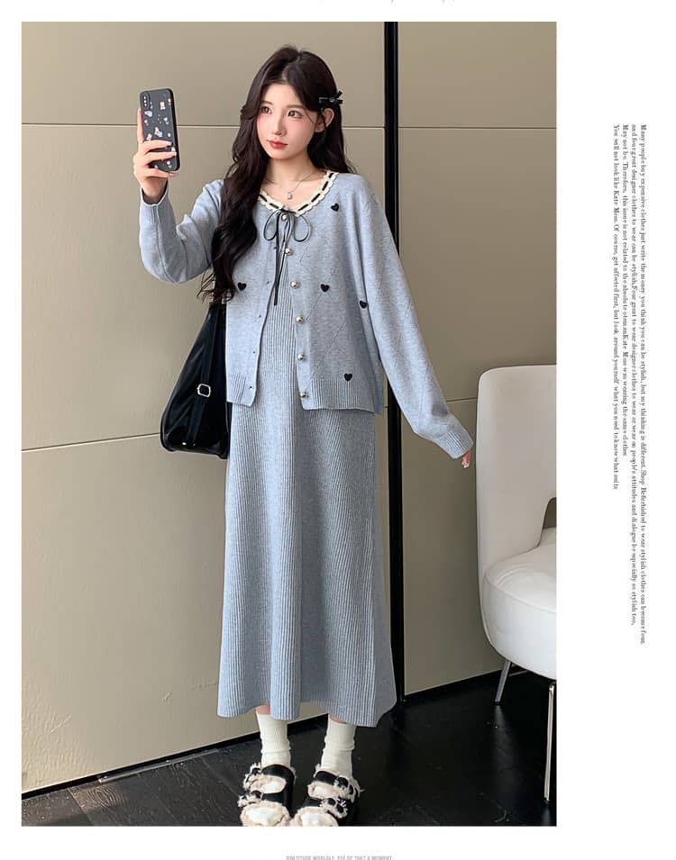 실사 지금 지금 출산 착용 가을 의상 패션 세트 루즈핏 빅 사이즈 달콤함 연령 감소 오픈 가디건 슬립 드레스 투피스 세트 상세 이미지 24