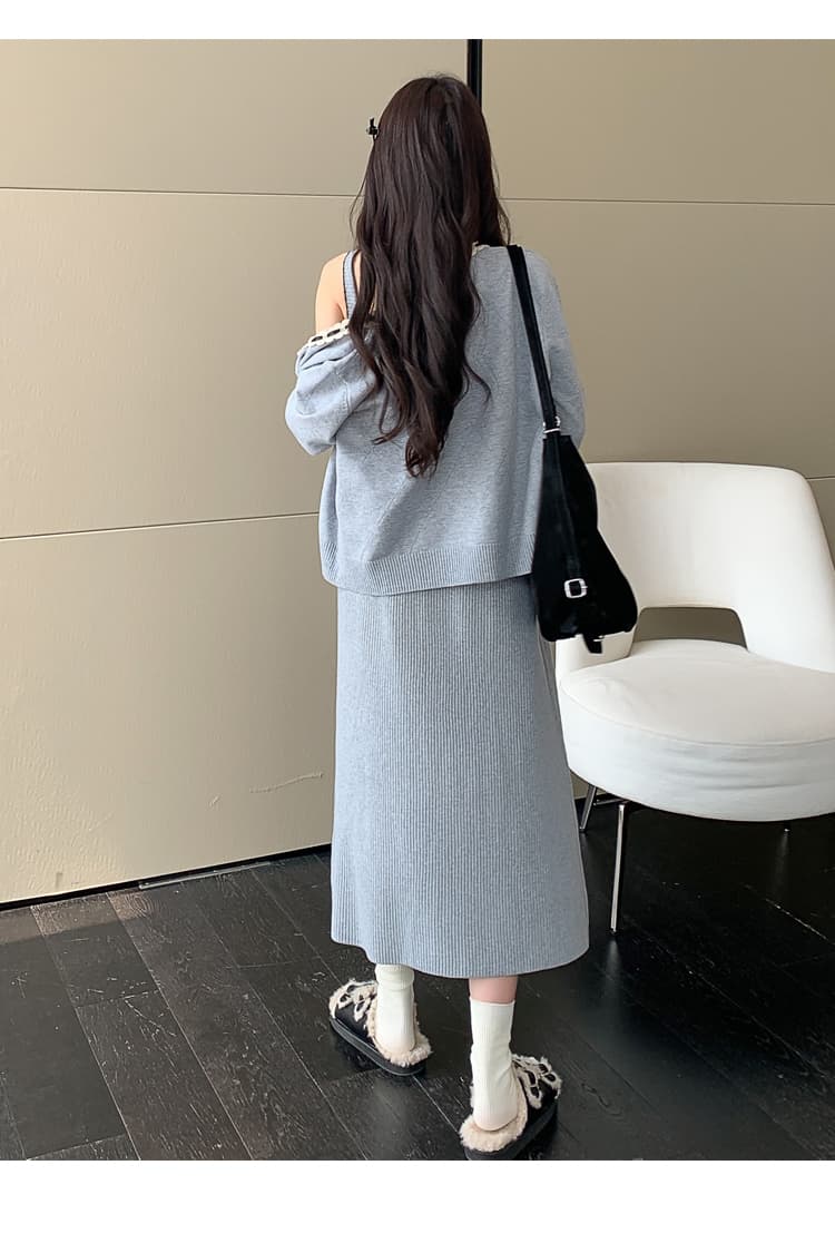 실사 지금 지금 출산 착용 가을 의상 패션 세트 루즈핏 빅 사이즈 달콤함 연령 감소 오픈 가디건 슬립 드레스 투피스 세트 상세 이미지 28