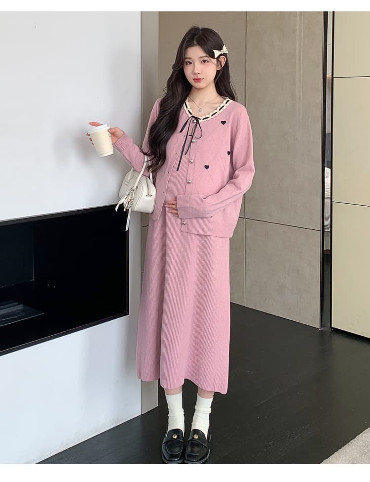 실사 지금 지금 출산 착용 가을 의상 패션 세트 루즈핏 빅 사이즈 달콤함 연령 감소 오픈 가디건 슬립 드레스 투피스 세트 상세 이미지 34