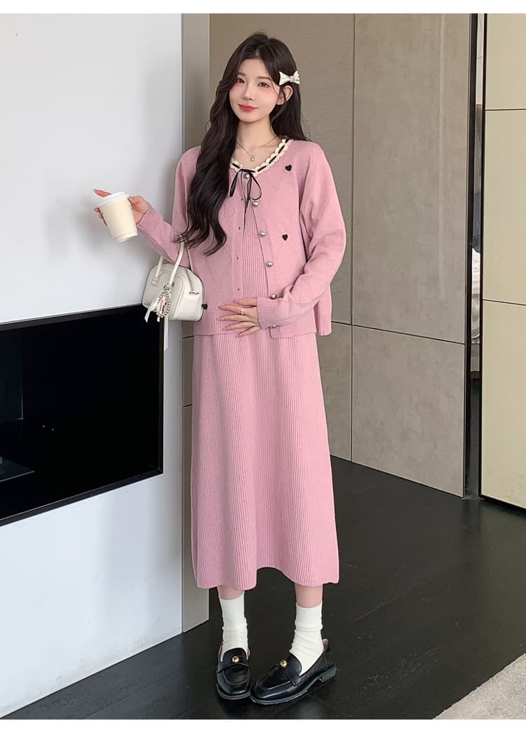 실사 지금 지금 출산 착용 가을 의상 패션 세트 루즈핏 빅 사이즈 달콤함 연령 감소 오픈 가디건 슬립 드레스 투피스 세트 상세 이미지 36