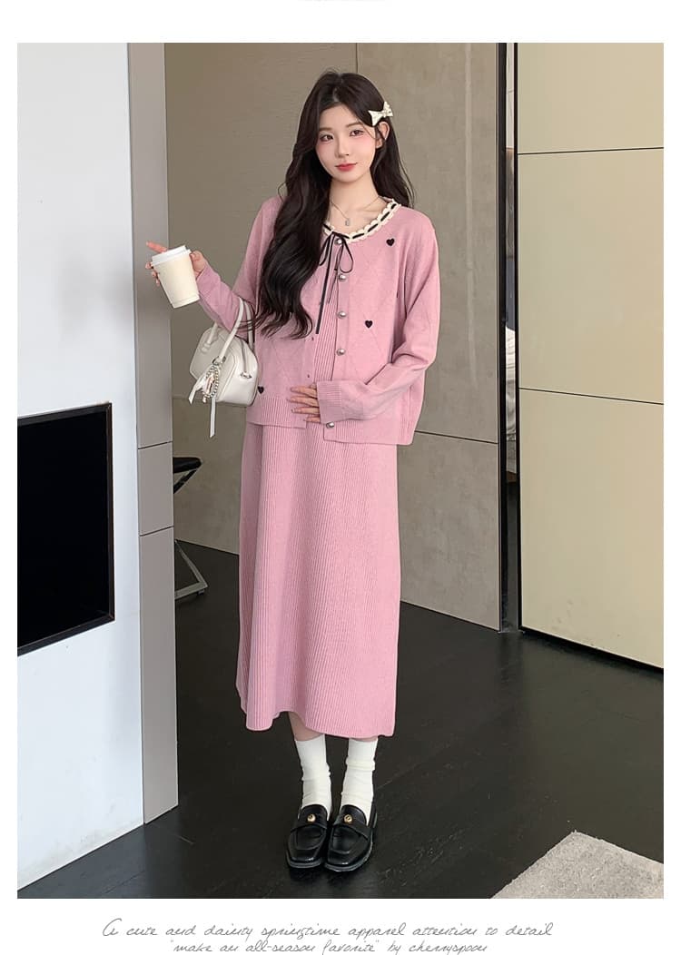 실사 지금 지금 출산 착용 가을 의상 패션 세트 루즈핏 빅 사이즈 달콤함 연령 감소 오픈 가디건 슬립 드레스 투피스 세트 상세 이미지 37