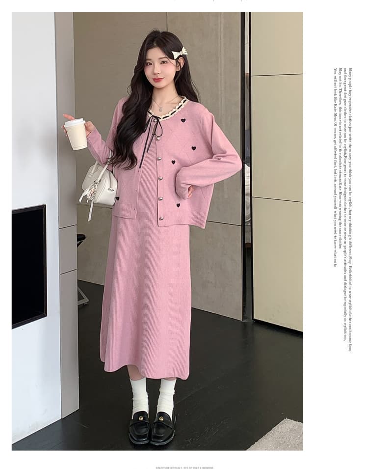 실사 지금 지금 출산 착용 가을 의상 패션 세트 루즈핏 빅 사이즈 달콤함 연령 감소 오픈 가디건 슬립 드레스 투피스 세트 상세 이미지 38