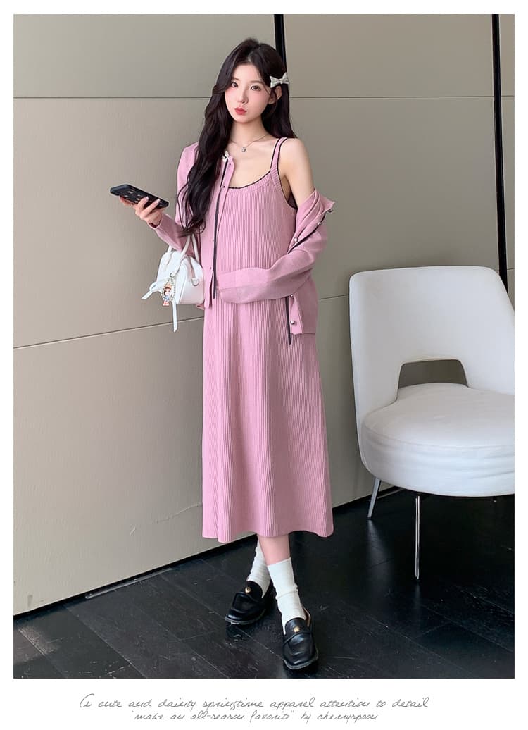 실사 지금 지금 출산 착용 가을 의상 패션 세트 루즈핏 빅 사이즈 달콤함 연령 감소 오픈 가디건 슬립 드레스 투피스 세트 상세 이미지 42