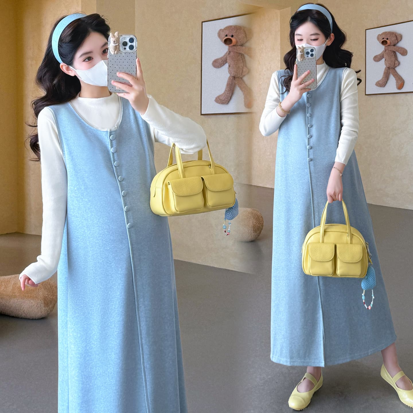 실사 지금 지금 임산부 가을 세트 패션 섹션 새로운 루즈핏 느긋한 조끼 스커트 기본 셔츠 투피스 세트 이미지 4