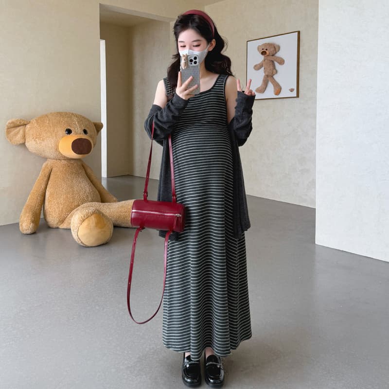 실사 지금 지금 출산 착용 가을 의상 세트 신제품 느긋한 와 성별 오픈 가디건 조끼 치마 드레스 투피스 세트 이미지 3