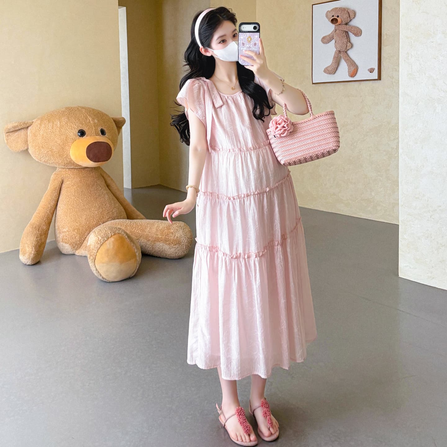실사 선물 물품 출산 착용 여름 드레스 패션 루즈핏 새로운 달콤함 루즈핏 프랑스식 중간 길이 점프 슈트 치마 이미지 4