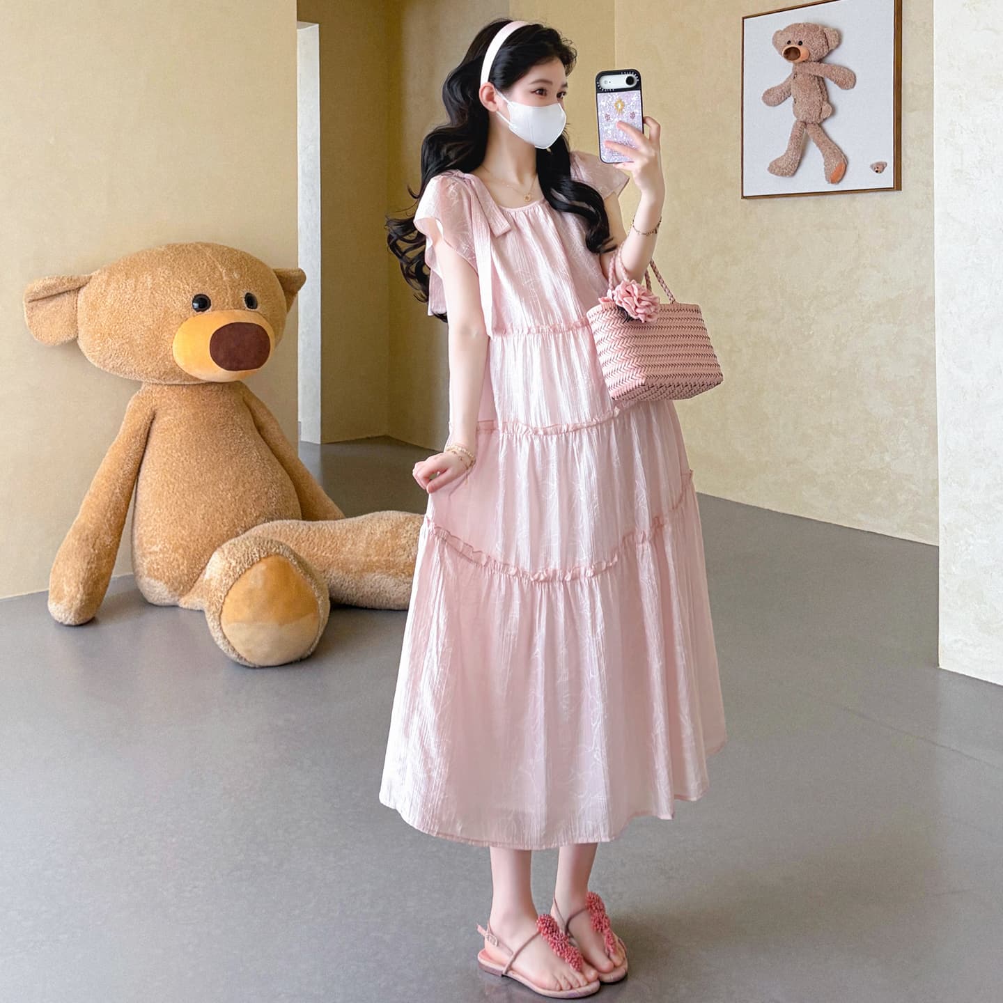 실사 선물 물품 출산 착용 여름 드레스 패션 루즈핏 새로운 달콤함 루즈핏 프랑스식 중간 길이 점프 슈트 치마 이미지 5