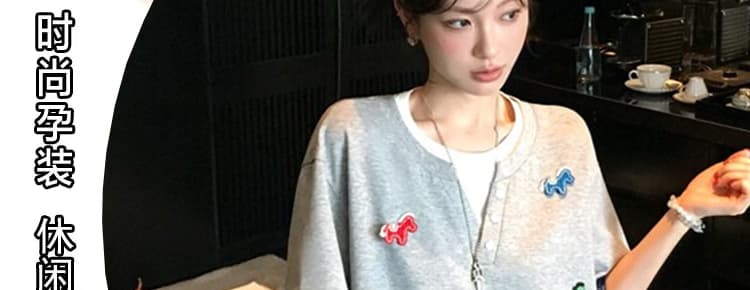 지금 지금 임산부 세트 여름 드레스 2026 새로운 한국 스타일 루즈핏 슬림해 보이는 반팔 티셔츠 미니 스커트 투피스 세트 상세 이미지 6
