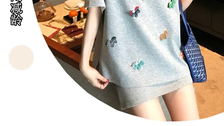 지금 지금 임산부 세트 여름 드레스 2026 새로운 한국 스타일 루즈핏 슬림해 보이는 반팔 티셔츠 미니 스커트 투피스 세트 상세 이미지 7
