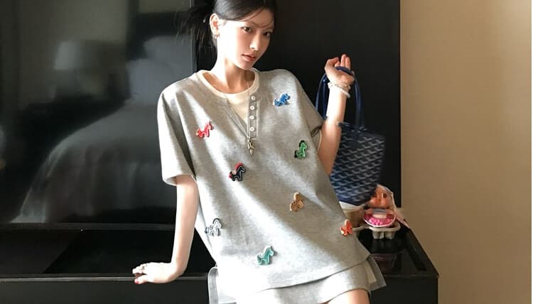 지금 지금 임산부 세트 여름 드레스 2026 새로운 한국 스타일 루즈핏 슬림해 보이는 반팔 티셔츠 미니 스커트 투피스 세트 상세 이미지 21