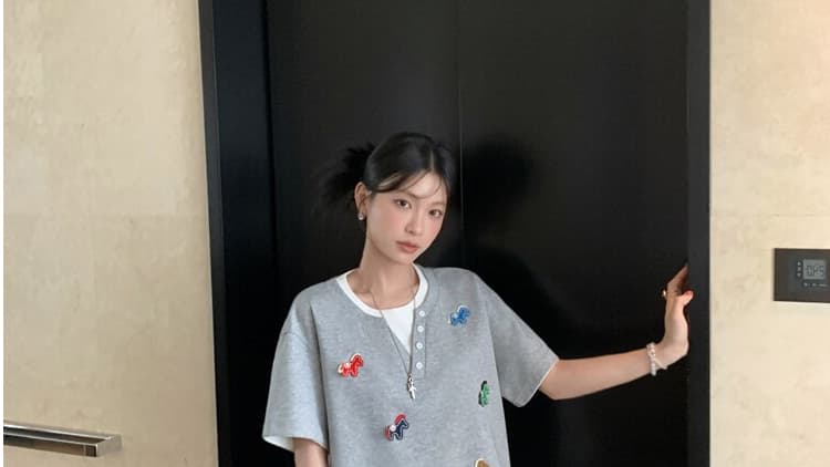 지금 지금 임산부 세트 여름 드레스 2026 새로운 한국 스타일 루즈핏 슬림해 보이는 반팔 티셔츠 미니 스커트 투피스 세트 상세 이미지 43
