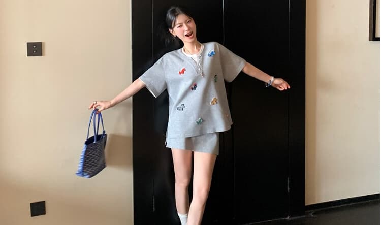 지금 지금 임산부 세트 여름 드레스 2026 새로운 한국 스타일 루즈핏 슬림해 보이는 반팔 티셔츠 미니 스커트 투피스 세트 상세 이미지 59