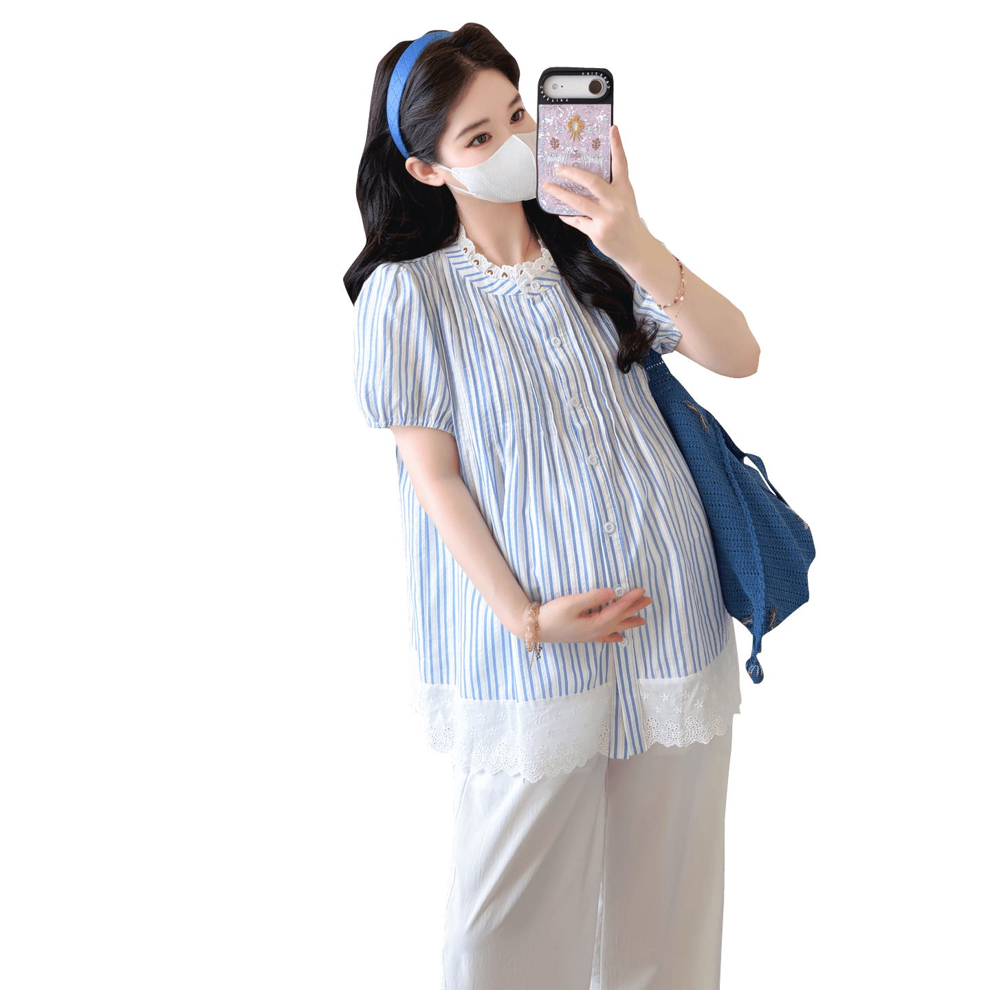 실사 선물 물품 임산부 세트 여성 여름 새로운 루즈핏 슬림해 보이는 레이스 반팔 작은 셔츠 맨위 투피스 세트 이미지 6