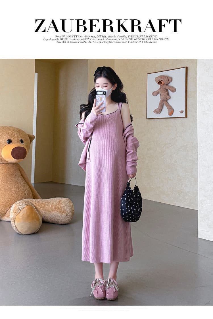실사 지금 지금 출산 착용 가을 의상 패션 세트 루즈핏 빅 사이즈 달콤함 연령 감소 오픈 가디건 슬립 드레스 투피스 세트 상세 이미지 22