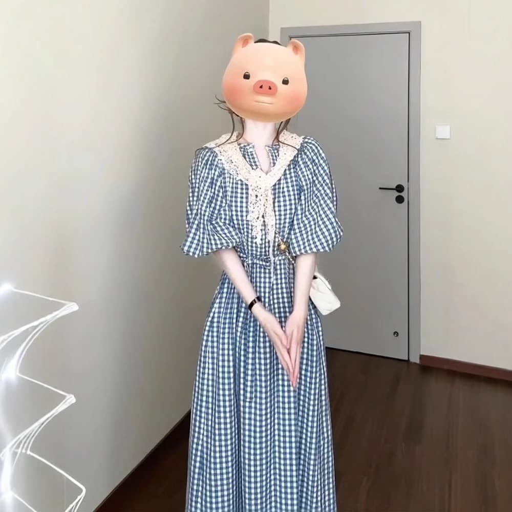 파란색 체크무늬 여성 드레스 여름 빅 사이즈 지방 mm 품격 고유 한 아름다운 해변가 휴가 버블 소매 길이 치마