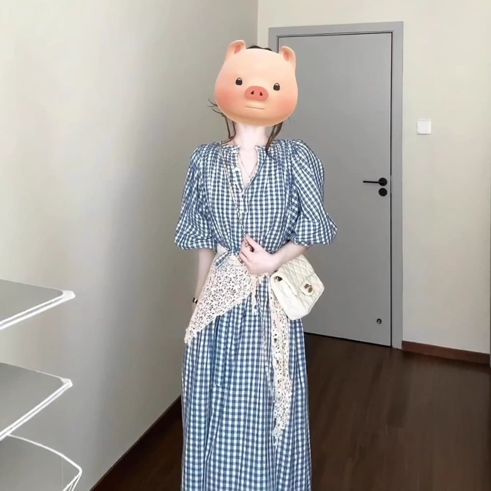파란색 체크무늬 여성 드레스 여름 빅 사이즈 지방 mm 품격 고유 한 아름다운 해변가 휴가 버블 소매 길이 치마 이미지 5