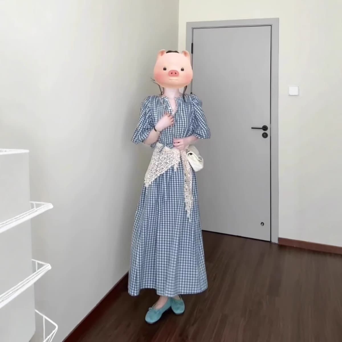 파란색 체크무늬 여성 드레스 여름 빅 사이즈 지방 mm 품격 고유 한 아름다운 해변가 휴가 버블 소매 길이 치마 이미지 4