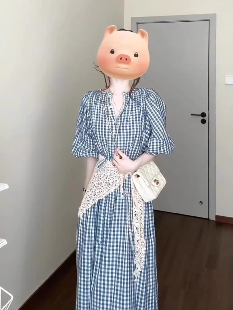 파란색 체크무늬 여성 드레스 여름 빅 사이즈 지방 mm 품격 고유 한 아름다운 해변가 휴가 버블 소매 길이 치마 상세 이미지 3