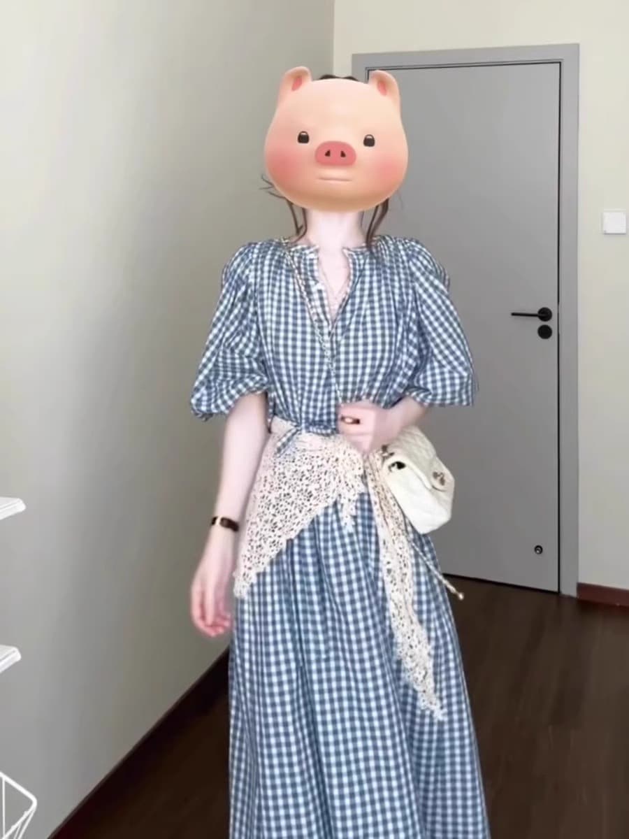 파란색 체크무늬 여성 드레스 여름 빅 사이즈 지방 mm 품격 고유 한 아름다운 해변가 휴가 버블 소매 길이 치마 상세 이미지 4