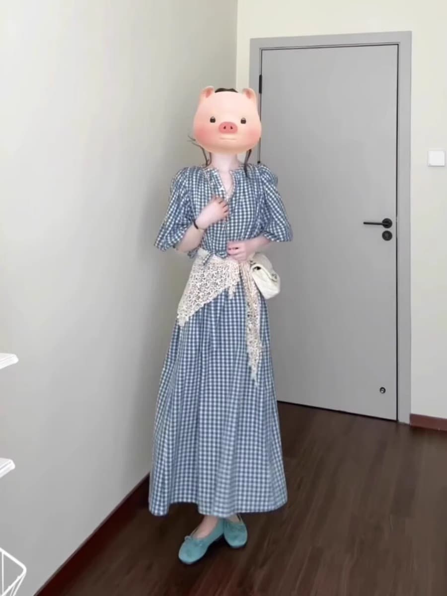 파란색 체크무늬 여성 드레스 여름 빅 사이즈 지방 mm 품격 고유 한 아름다운 해변가 휴가 버블 소매 길이 치마 상세 이미지 7