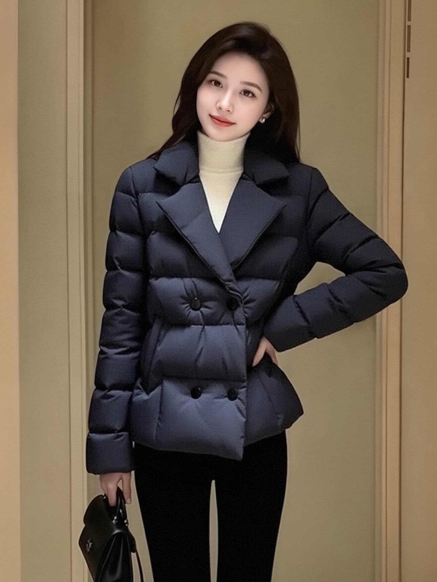 검정색 정장 칼라 아래 면화 의류 여성 코트 겨울 빅 사이즈 지방 mm 고급 품격 출퇴근 다용도 솜을 넣은 면 옷 이미지 4