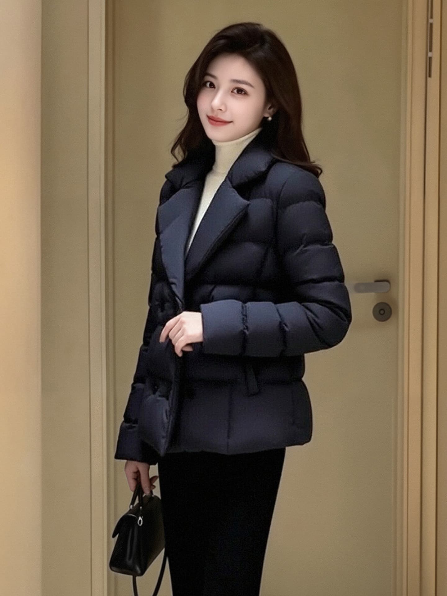 검정색 정장 칼라 아래 면화 의류 여성 코트 겨울 빅 사이즈 지방 mm 고급 품격 출퇴근 다용도 솜을 넣은 면 옷 이미지 3