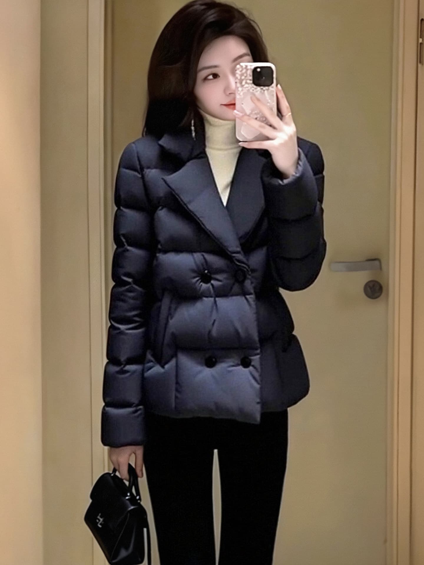 검정색 정장 칼라 아래 면화 의류 여성 코트 겨울 빅 사이즈 지방 mm 고급 품격 출퇴근 다용도 솜을 넣은 면 옷 상세 이미지 4