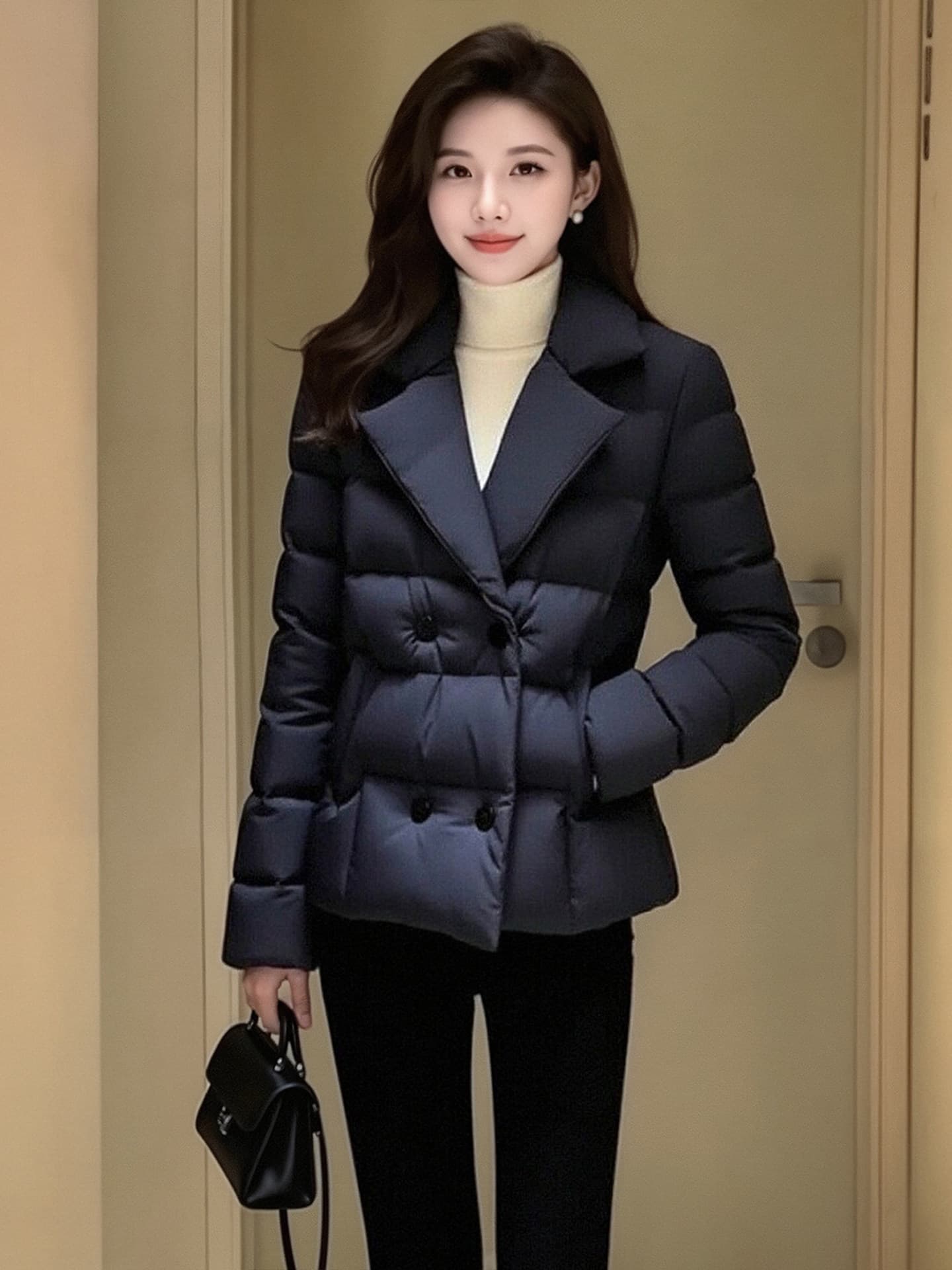 검정색 정장 칼라 아래 면화 의류 여성 코트 겨울 빅 사이즈 지방 mm 고급 품격 출퇴근 다용도 솜을 넣은 면 옷 상세 이미지 5
