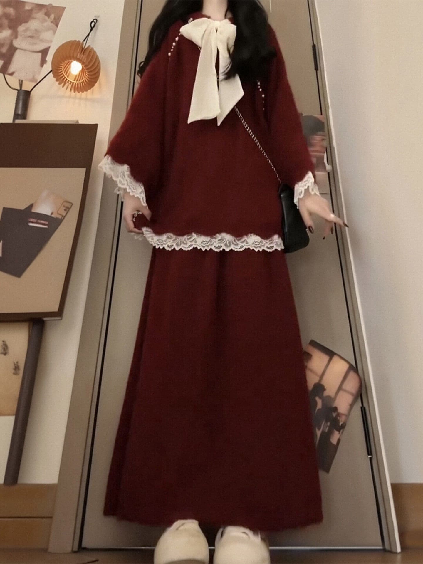 겨울 코디 전체 집합 빅 사이즈 지방 mm 신년 빨간색 니트 스웨터 반신 스커트 크리스마스 잘 생긴 세트 드레스 여성 이미지 4