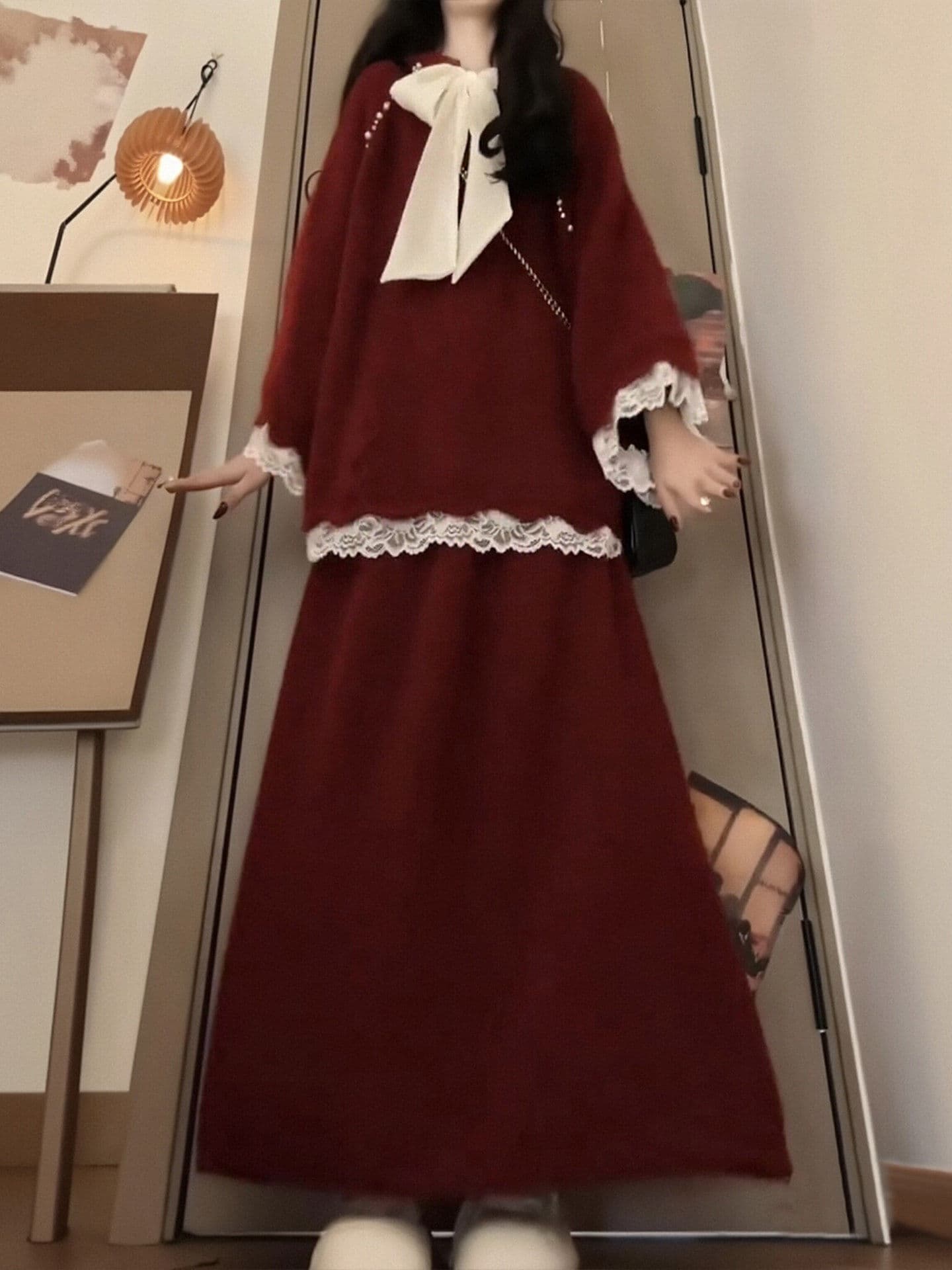 겨울 코디 전체 집합 빅 사이즈 지방 mm 신년 빨간색 니트 스웨터 반신 스커트 크리스마스 잘 생긴 세트 드레스 여성