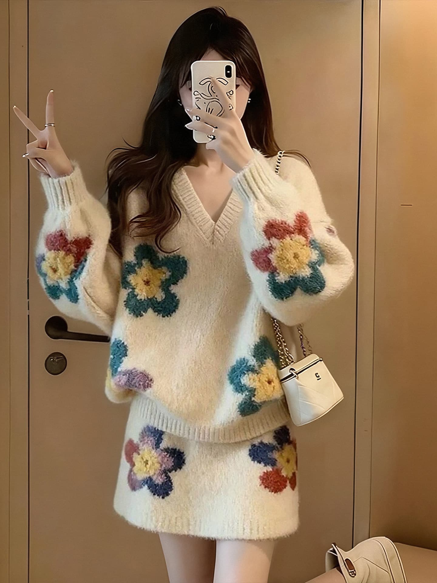 가을 겨울 착용 가져 가라. 전체 집합 빅 사이즈 지방 mm 꽃 니트 스웨터 반신 미니 스커트 부드러운 바람 자이언트 잘 생긴 세트 여성